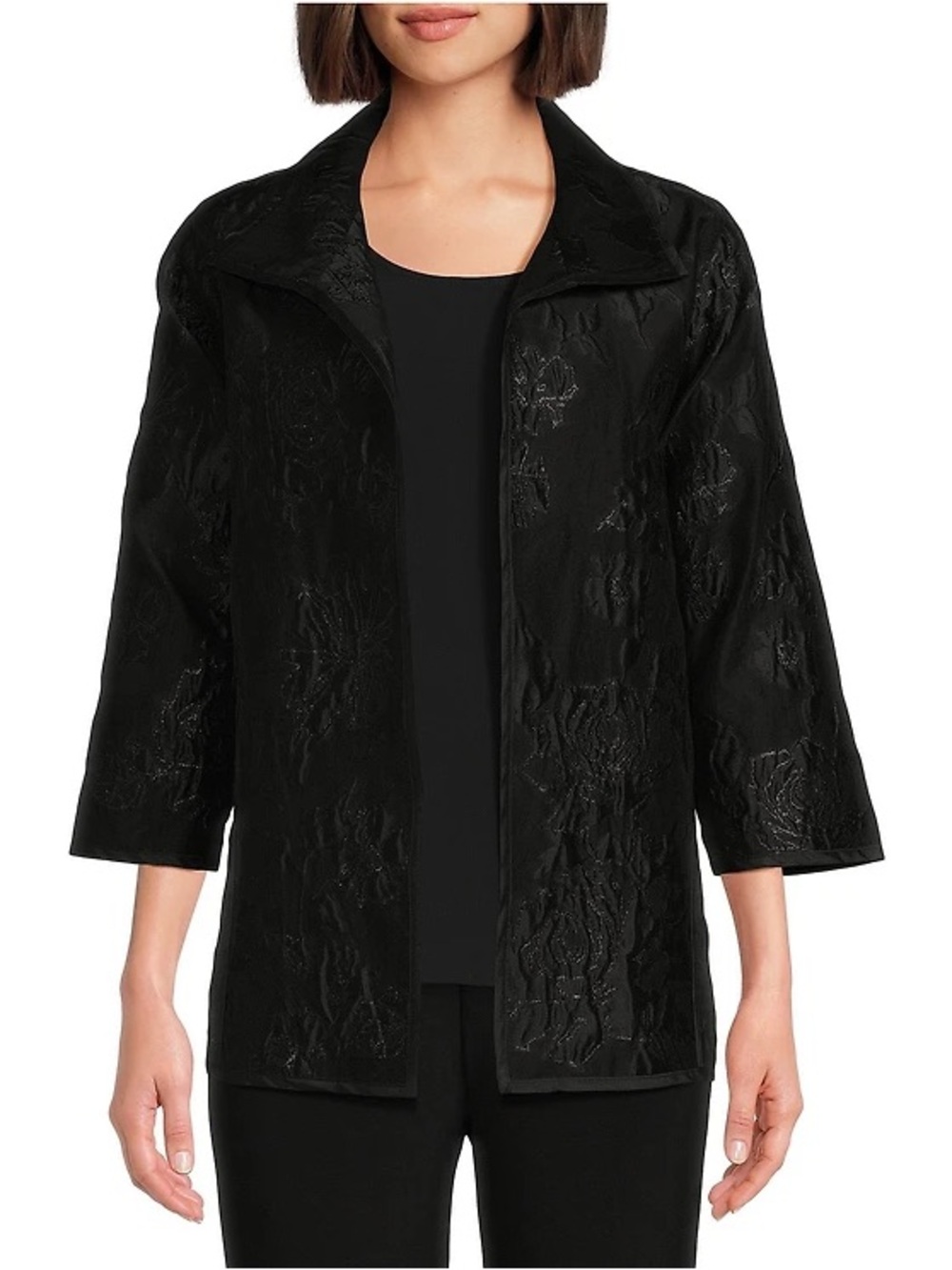 NWT Caroline Rose Black Floral Jacquard Open Front Jacket Silk Blend Size L